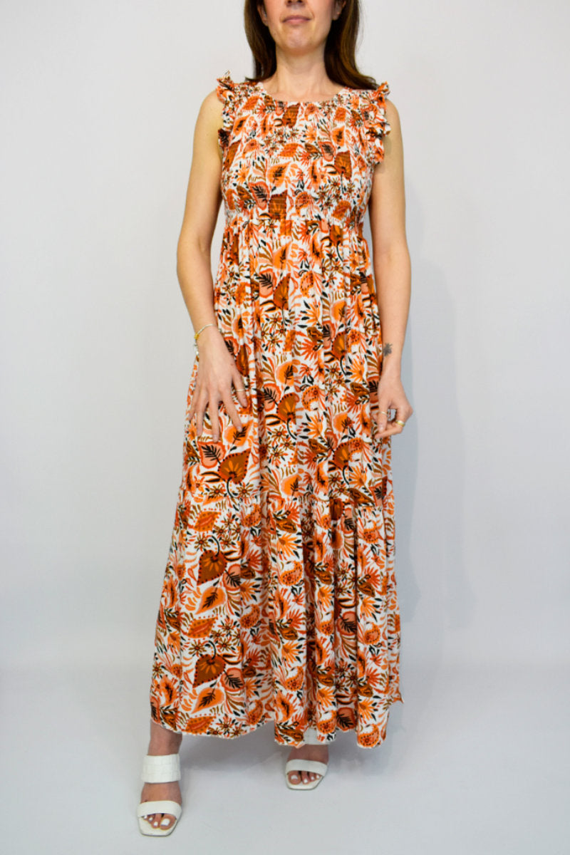 Abstract Burnt Orange Frill Sleeve Dress