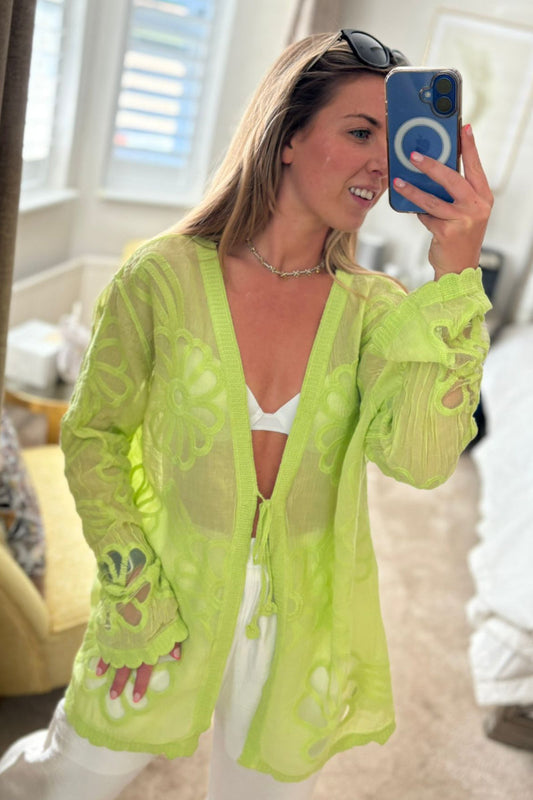 Sheer Embroidered Tie-Front Cover-Up in Green