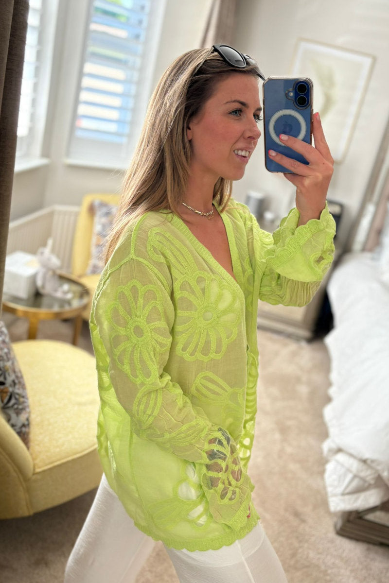 Sheer Embroidered Tie-Front Cover-Up in Green