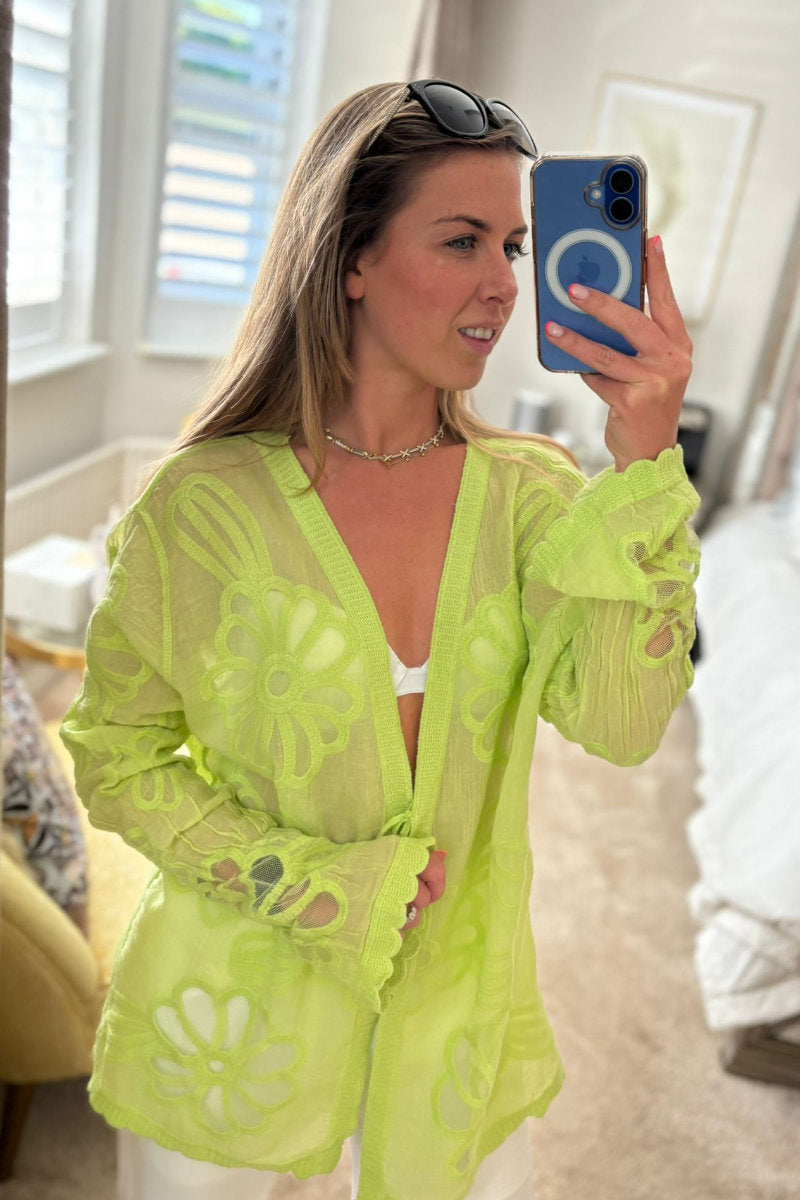 Sheer Embroidered Tie-Front Cover-Up in Green