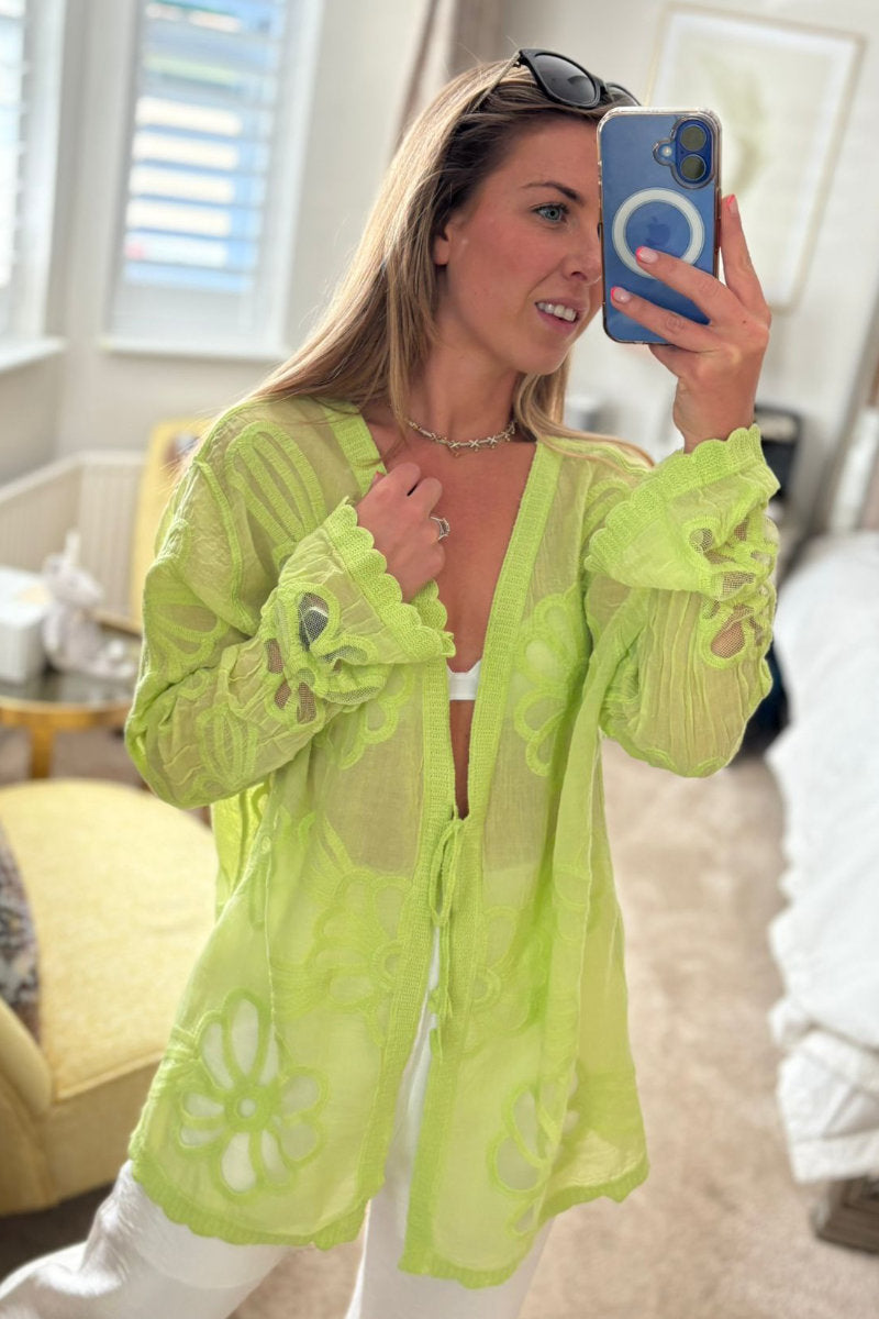 Sheer Embroidered Tie-Front Cover-Up in Green
