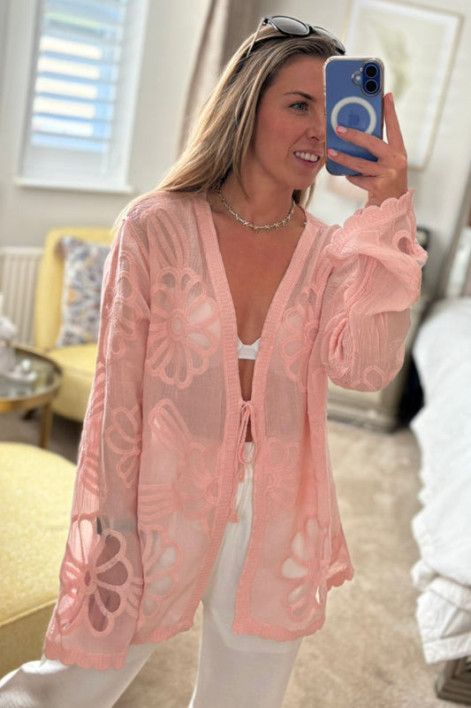 Sheer Embroidered Tie-Front Cover-Up in Pink