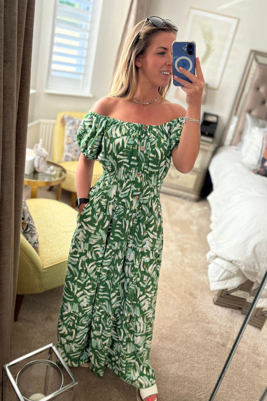 Green Tropical Leaf Off-Shoulder Maxi Dress