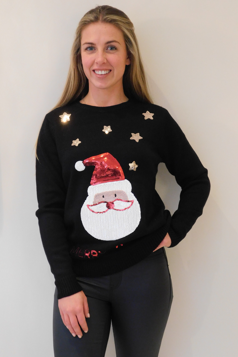 Ladies Christmas Black Santa Jumper