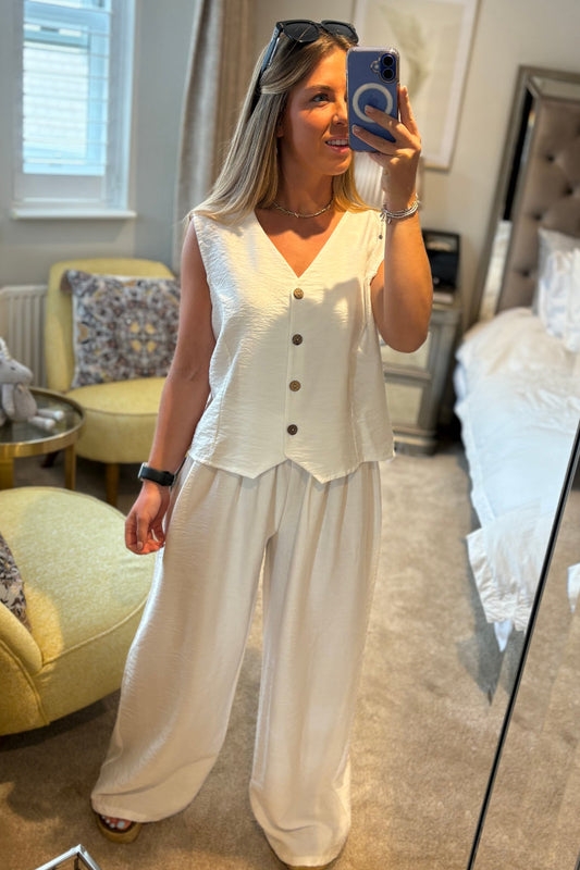 White Linen Blend Button-Front Co-Ord Set