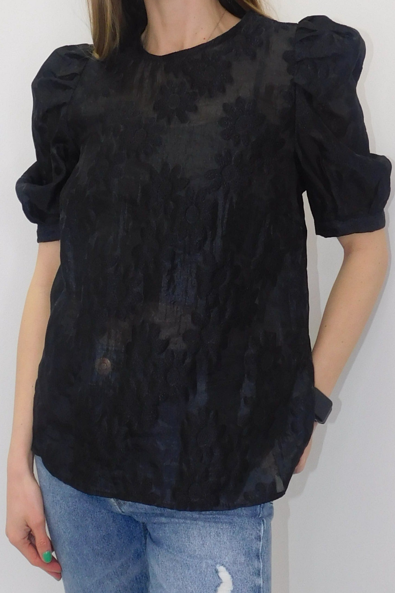 Famous Store Black Puff Flower Top