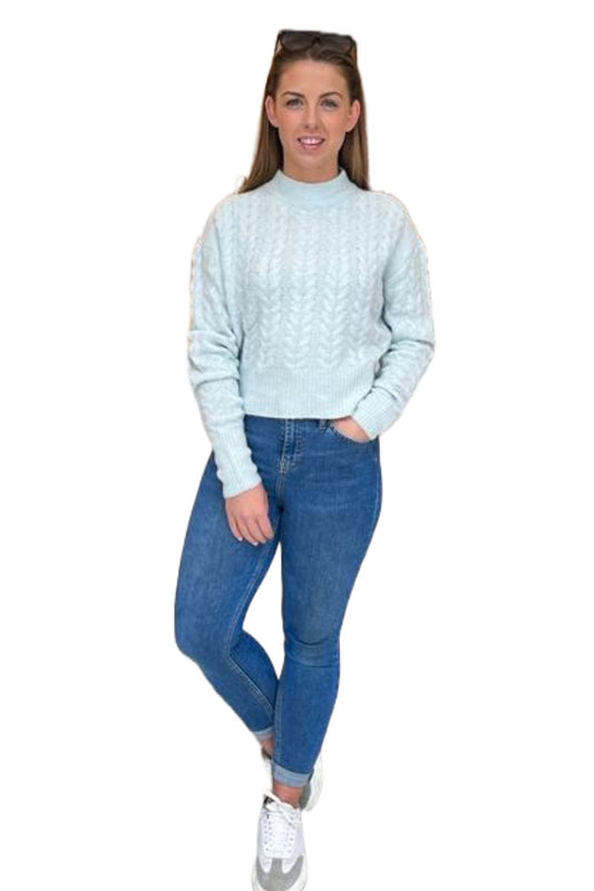 Famous Store Turtle Neck Crop Cable Jumper Light Blue