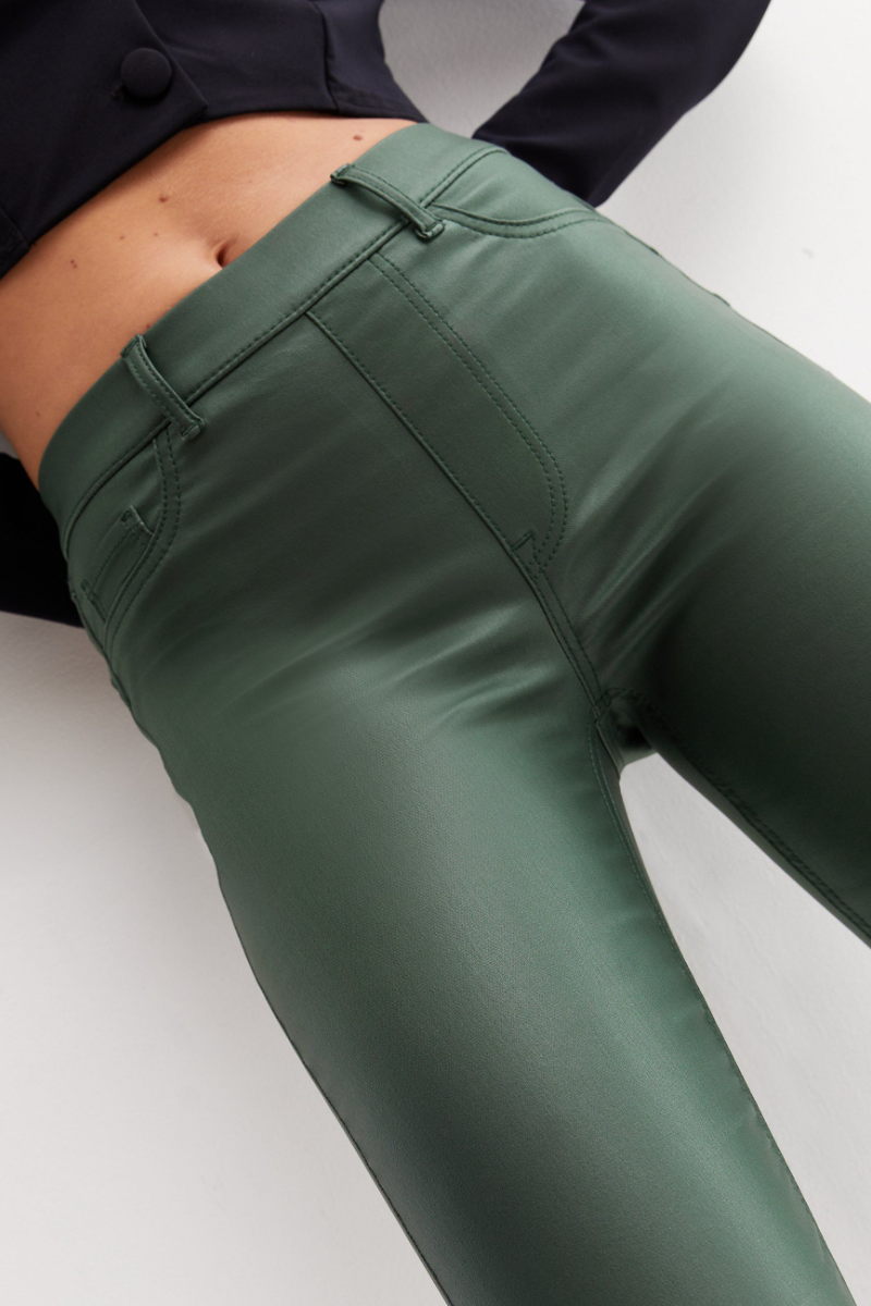 Famous Store Coated Leather-Look Mid Rise Lift & Shape Jeggings Dark Green