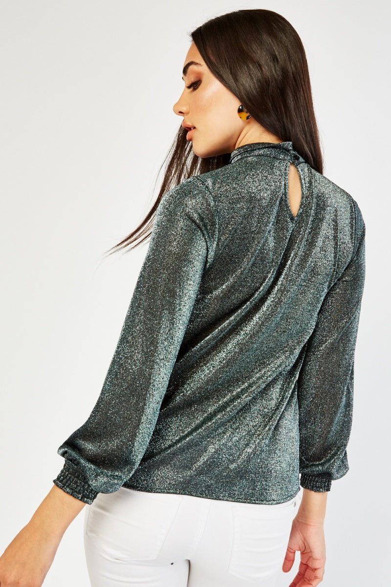 Famous Store Silver/Green Shimmer Cut Out Metallic Top