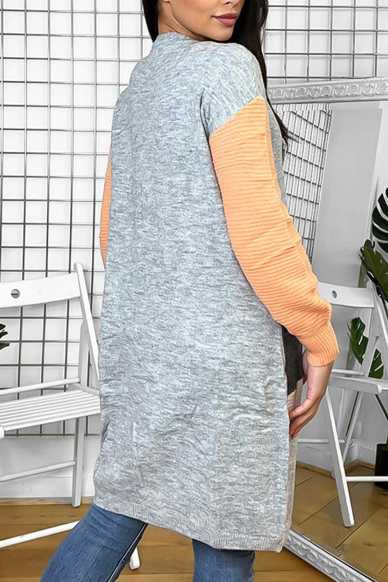 Ladies Colour Block Sleeves Open Front Cardigan Grey/Orange