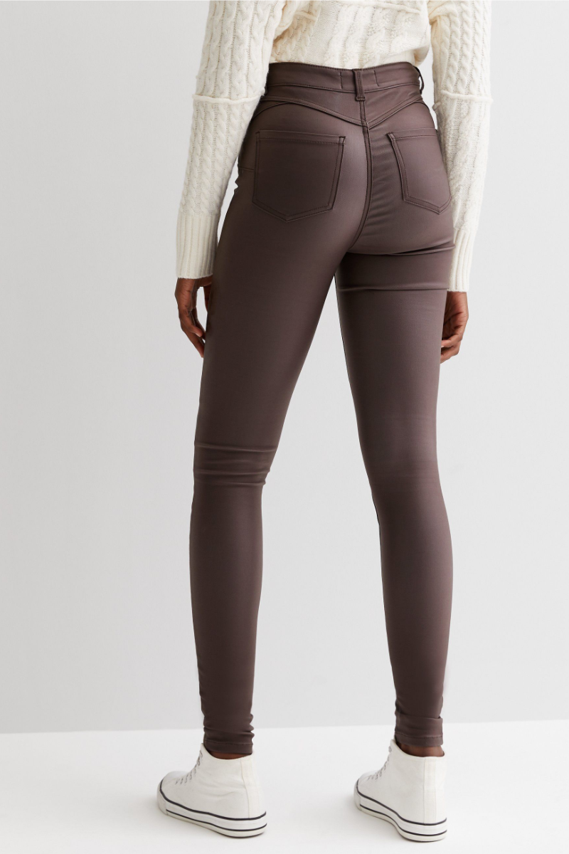 Famous Store Coated Leather-Look Mid Rise Lift & Shape Jeggings Brown