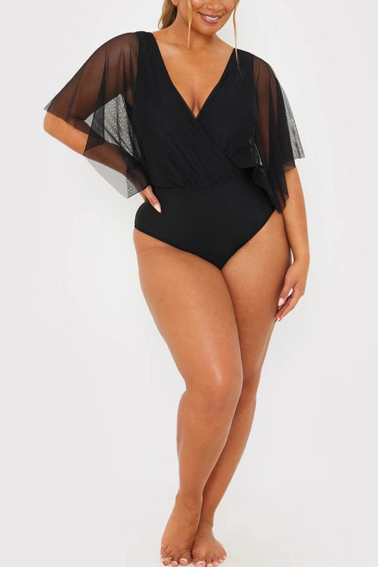 Celebrity Label Black Mesh Overlay Kimono Style Swimsuit