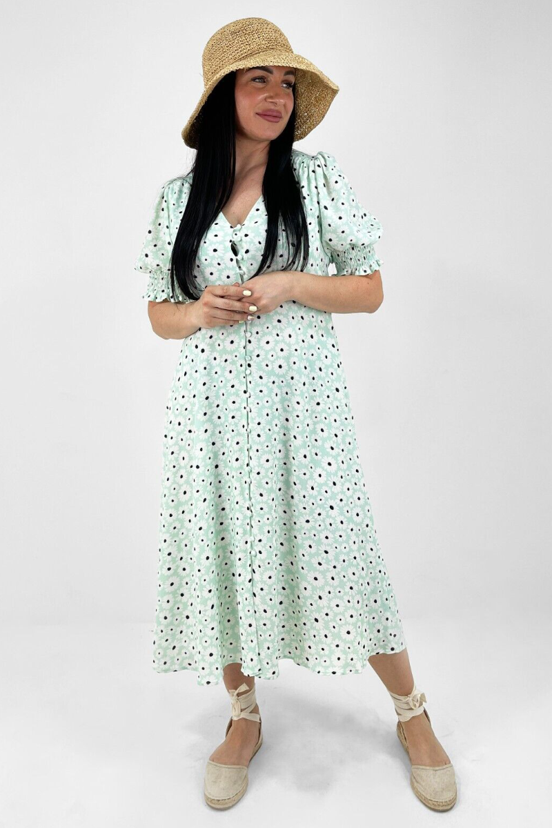 Ex-Oasis Mint Green Daisy Print Button Front Midi Dress