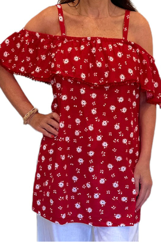 Plus Size Off Shoulder Red Print Top