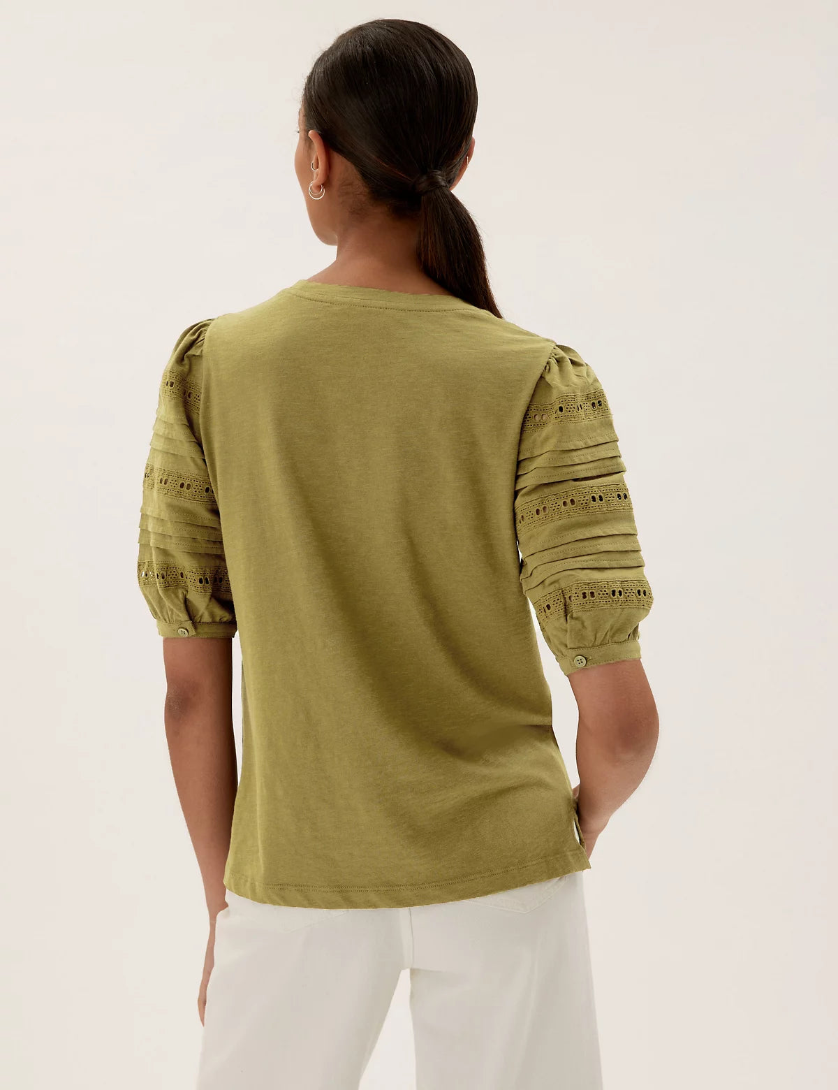 Famous Store Pure Cotton Broderie Half Sleeve T-Shirt Khaki