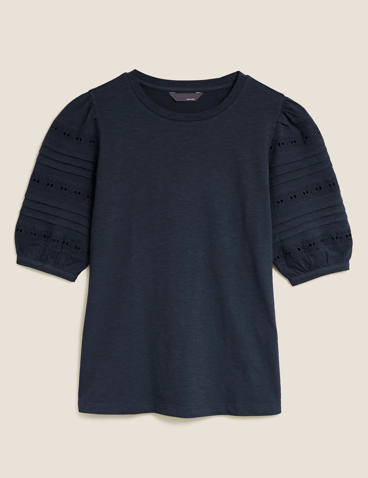 Famous Store Pure Cotton Broderie Half Sleeve T-Shirt Navy