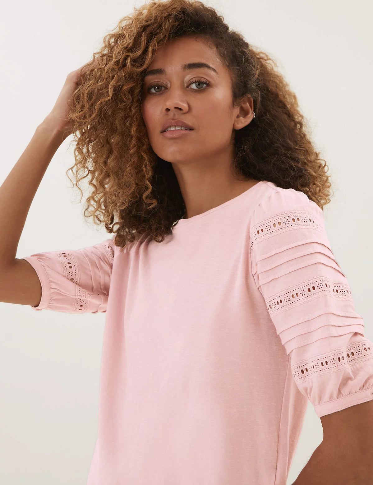 Famous Store Pure Cotton Broderie Half Sleeve T-Shirt Pink