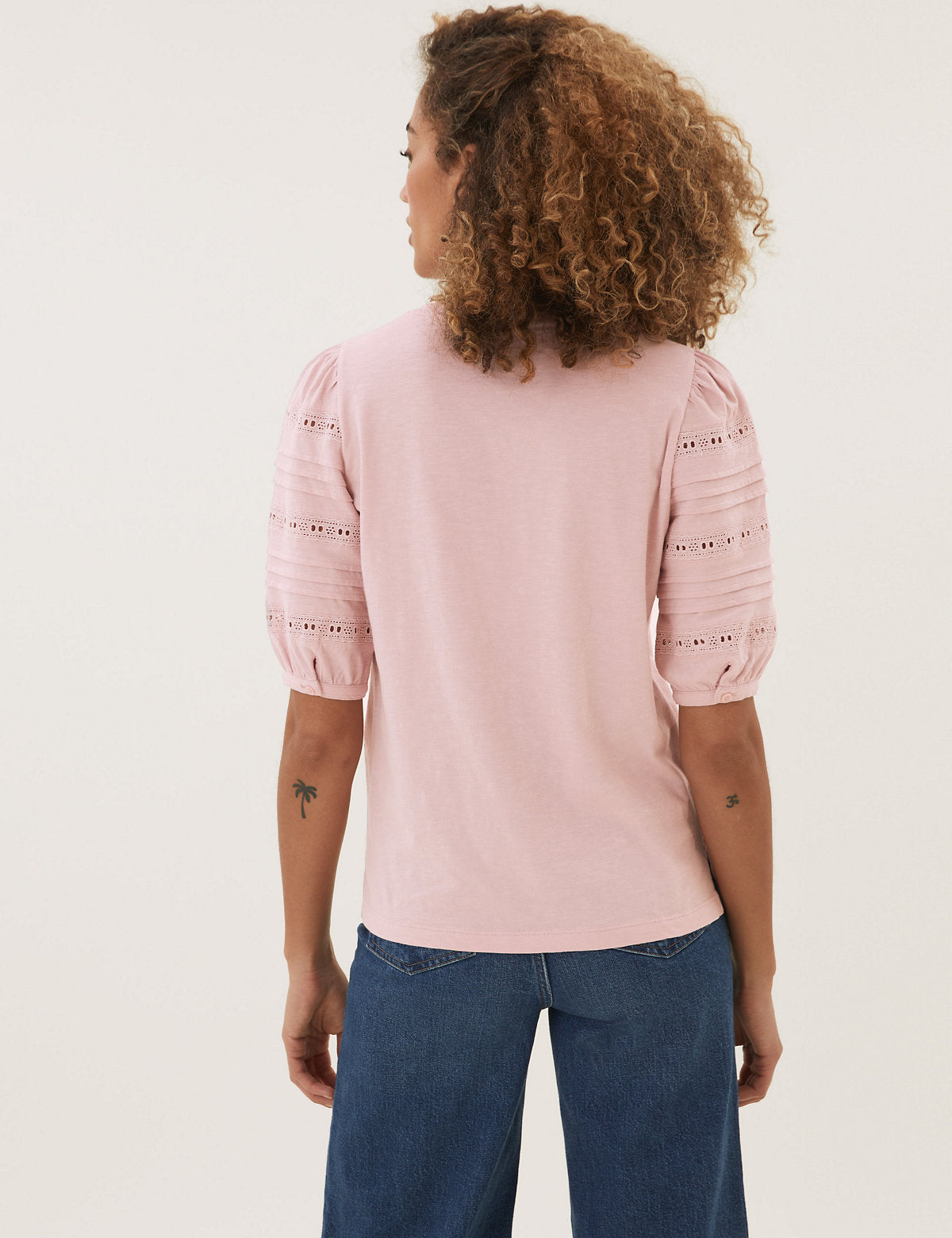 Famous Store Pure Cotton Broderie Half Sleeve T-Shirt Pink