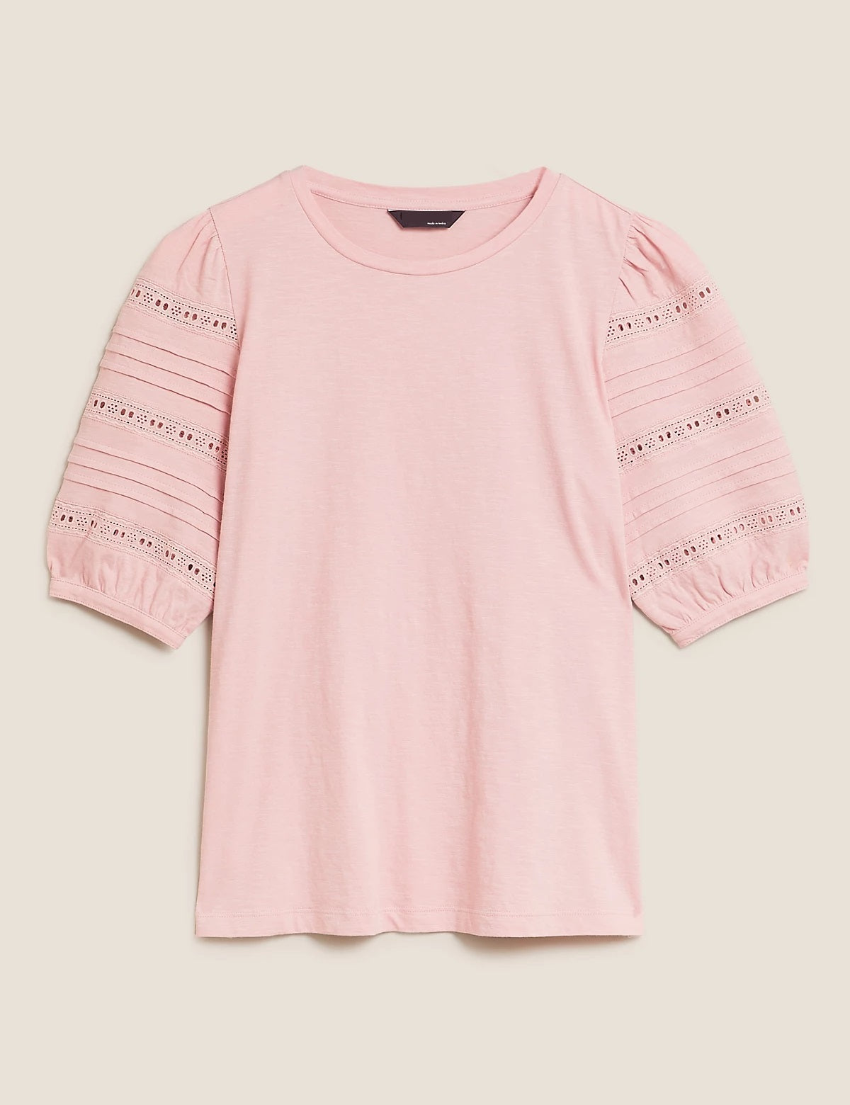 Famous Store Pure Cotton Broderie Half Sleeve T-Shirt Pink