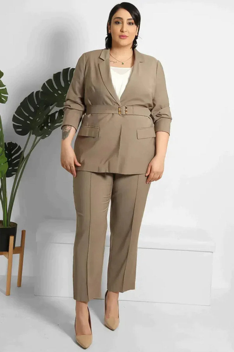 Famous Store Cropped Trousers & Belted Blazer Suit Taupe