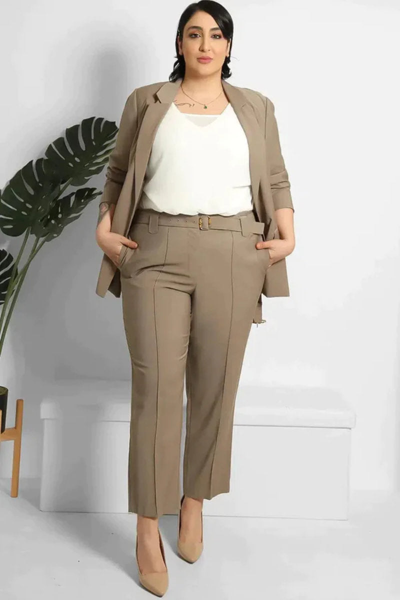 Famous Store Cropped Trousers & Belted Blazer Suit Taupe